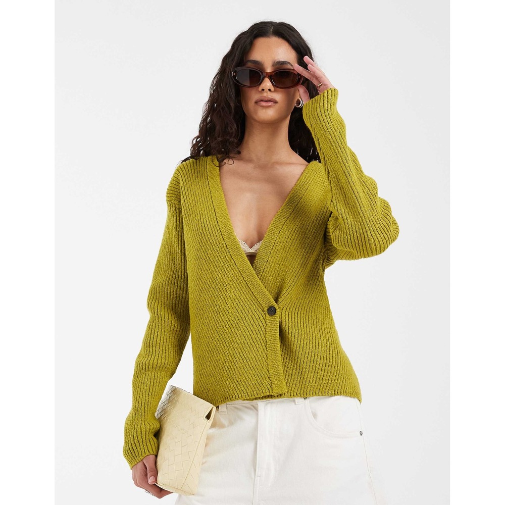 & Other Stories Low V Neck Button Knit Cardigan Green Chartreuse Ribbed M